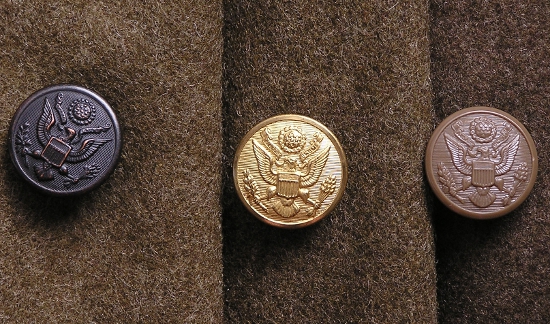 Melton overcoat button types: Blackened brass, plastic, and gilt.