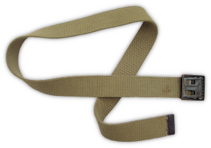 Australian made U.S. M‐1937 web belt. While the web portion of the belt is stamped Made in Australia, it is unknown if the buckle was made there as well. There are no markings on the buckle, and it is of the economy type, made with a combination of brass and steel alloy parts making it subject to rust.