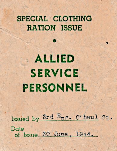 Cover page of a clothing ration coupon book used to obtain reverse lend lease clothing. These booklets were printed by the Australian government and distributed to various Allied units where they were issued to men who needed clothing.  This example was issued by the 3rd Engine Overhaul Squadron of the Army Air Force on 30 June 1944.