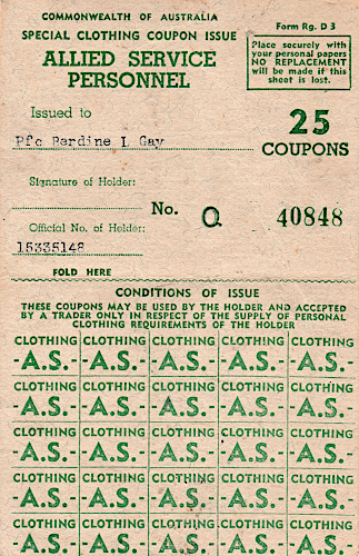 Page two of an unused Australian clothing ration book issued to Private First Class Berdine L. Gay. Each booklet was serial numbered and issued to a specific individual who was then authorized to exchange the coupons for needed clothing.