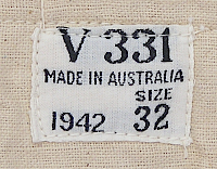 Label for the lightweight, cotton‐wool blend drawers shown to the right.  The letter V indicates manufacture in the state of Victoria in Australia. The numbers following the V identify a specific manufacturer.