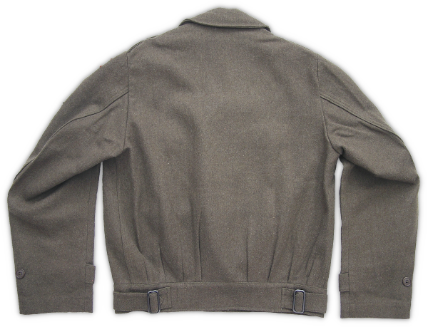 Rear view of the reverse lend lease wool field jacket.  Note the lower waist darts, waistband adjustment buckles, and cuff closure button. The jacket was unlined and fully bloused across the chest and back.