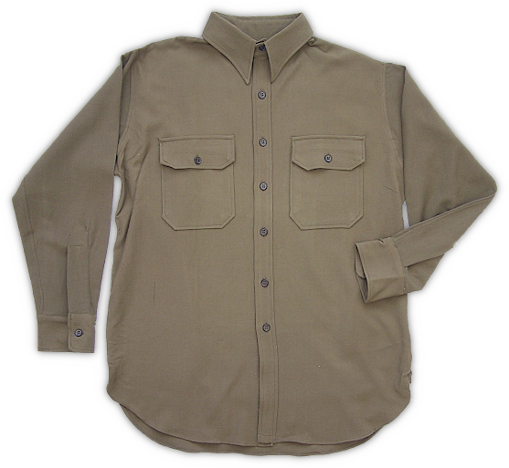 Australian made knit wool shirt patterned on the U.S. Army enlisted man's khaki cotton shirt (specification QMC 6‐241, dated 29 November 1938).  Like the trousers, the shirt was cut accurately, but the fabric and color were noticeably different from American shirts.  Instead of khaki cotton drill or flannel shirting, a knit wool fabric was used that was considered superior for use in the Australian climate because of its breathability.