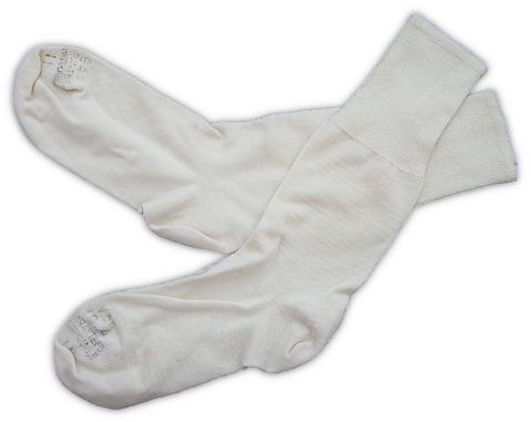 Australian made U.S. Army lightweight, wool and cotton blend socks in white.  Like the undergarments above, knit socks were made in natural colors due to a lack of proper dyes.