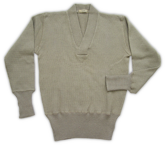 Australian made U.S. Army Woolen V‐neck sweater based on specification PQD 111, dated 22 December 1941.  Note the sweater's light green color.  Producing dyes for knit goods that met Army specifications was a major problem in Australia.  American made sweaters were dark olive‐drab.