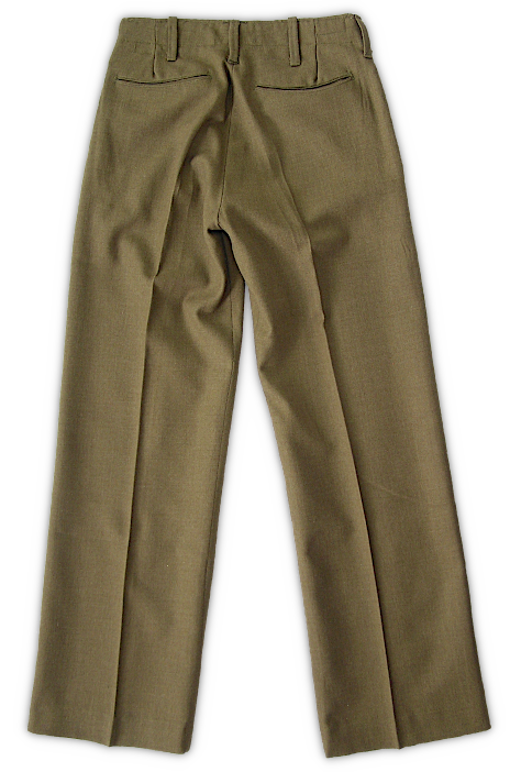 Rear view the Australian made enlisted men's wool trousers. Note the generous amount of material around the seat area just like what is seen on U.S. made examples. Consistent fit was a problem with these trousers which led to the permanent cancellation of all contracts in mid-1943.