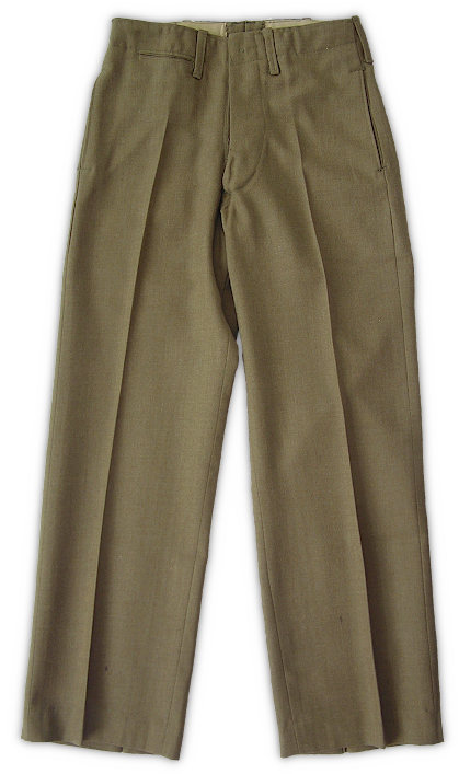 Front view of Australian made enlisted man's wool trousers based on the U.S. Quartermaster specification 8-83B, dated 9 November 1937.  Though the trousers are instantly recognizable as the standard U.S. pattern, the type of fabric used was noticeably different from American made 18-ounce serge wool. The color approximated the U.S. required olive-drab shade No. 32, also known as Light Shade.