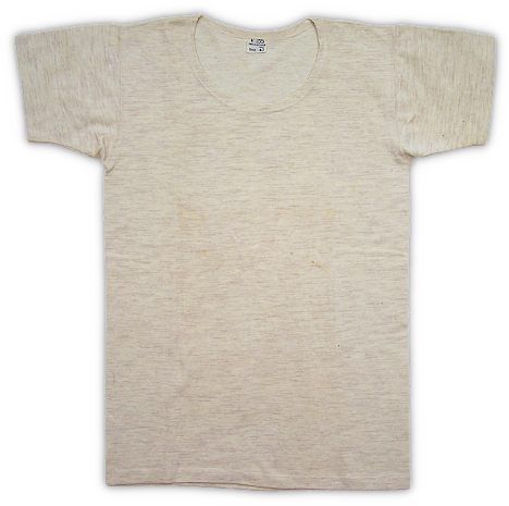 Australian made lightweight, wool blend, short‐sleeve undershirt.  The use of short sleeves was a departure from the American made wool blend undershirts which had long sleeves. Most Australian made knit goods retained their natural color due to a lack of adequate dyes.