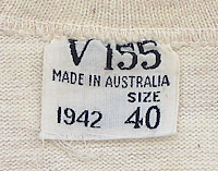 Label attached to the inside collar of the Australian made wool blend undershirt shown left. This particular example was made in the state of Victoria in 1942.