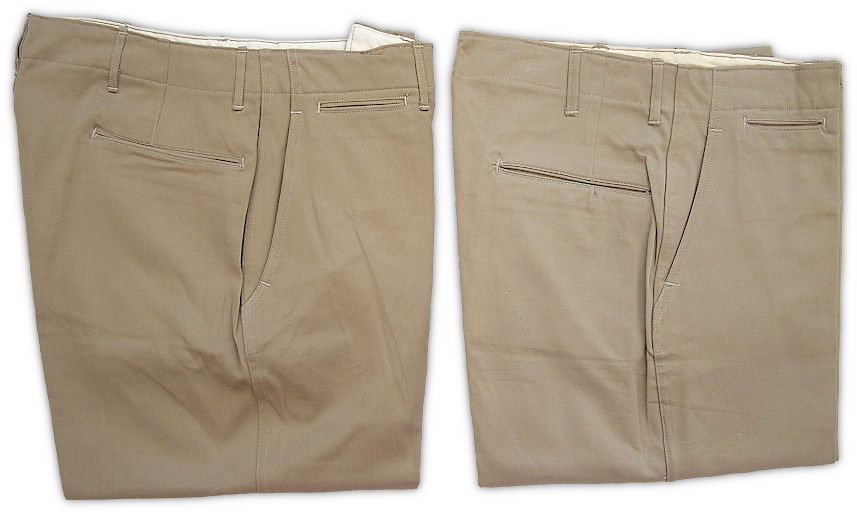 Side‐by‐side comparison of old and new trouser design.  In early March 1942, approval was given to alter the pattern of enlisted men's trousers to improve the fit.  This was accomplished by widening the seat and increasing the rise (distance from the crotch to the top of the waistband).  The easiest way to distinguish between the two is to observe the distance from the rear pocket opening to the top of the waistband.  Note that this distance is greater on the pair of trousers to the right.  These changes were implemented on both specification 6‐254 and 19A trousers.