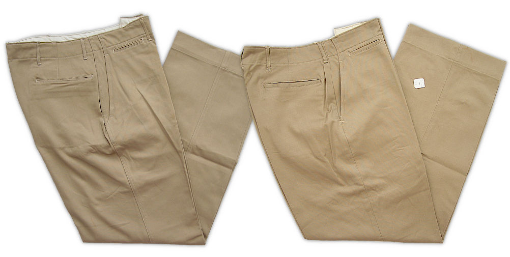 A side‐by‐side comparison of Khaki cotton trouser specifications QMC 6-254 (left) and PQD 19A (right). In the spring of 1941, a simplified version of the khaki cotton trousers (specification PQD 19A, 4 March 1941) was introduced as an alternative to the earlier specification in order to help increase trouser production. Leg seams were changed from the double stitched flat felled type to single stitched plain seams. Additionally, the rear and watch pocket openings were changed from double welt to single welt construction.  Both kinds of trousers were procured concurrently from the spring of 1941 through the end of 1942.