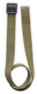 The M‐1937 waist web belt (specification QMC 6‐105, 25 March 1938) was the standard belt worn with khaki cotton trousers.  Components consisted of an olive‐drab woven cotton belt that was 1¼‐inches wide and had a frame friction buckle clamped to one end and a small metal clip at the opposite end to prevent unraveling.  Initially, specifications called for buckles to be made of blackened brass, but in the fall of 1941 the use of substitute standard materials was authorized including buckles made of oxidized steel alloy and buckle components made from stampings.  Non‐regulation khaki shade web belts and solid buckles were sold at post exchanges and retail outlets and were also worn with khaki trousers.