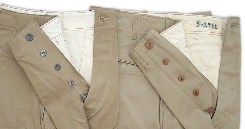 A side‐by‐side comparison showing the progression of buttons used on khaki trousers.  Prior to 1942, buttons were dish shaped, made of zinc, and had U.S. Army imprinted on the face.  Dished buttons were standard on khaki breeches and denim work garments prior to trousers being adopted.  Starting in 1942, as breeches and denim garments were being phased out, brown plastic buttons became the norm for khaki trousers.  In either case, the waistband button was 27‐ligne and fly buttons were 22‐ligne.