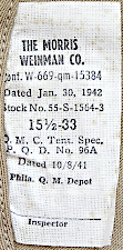 Contractor label for the convertible collar khaki cotton shirt shown to the left.  Contract 15384 was issued to the Morris Weinman Company of Baltimore Maryland in January 1942.  Specification PQD 96A khaki shirts were procured from approximately December 1941 to April 1942.