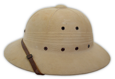 U.S. Army cloth covered fiber helmet approved on 23 December 1940 for use in Puerto Rico, Panama, Hawaii, the Philippines, and other select stations.  This helmet replaced the olive‐drab service hat (campaign hat) for wear with the khaki cotton uniform in tropical areas.  Procurement was short‐lived, however, and by 1942 the fiber helmet was being replaced by the M‐1 helmet liner for light field use in most situations. Distinctive unit insignia or the enlisted man's cap badge was sometimes attached to the helmet via the front vent hole.