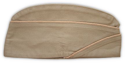 Khaki cotton field cap (specification PQD 13, 10 January 1941) approved by the Quartermaster Corps on 23 December 1940 for wear with the khaki cotton uniform in the continental US and overseas.  This cap was used for both field and garrison wear and replaced the olive‐drab service hat (campaign hat) and service cap.  Known as an overseas cap in WW1, and a field cap prior to WW2, the nomenclature was officially changed to the more familiar garrison cap in the spring of 1942.