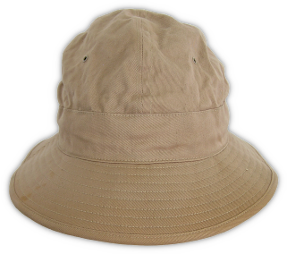 Khaki cotton field hat (specification PQD 21, 27 January 1941).  This hat was approved as a stopgap replacement for the olive‐drab service hat (campaign hat) until more satisfactory headgear could be developed.  It had a four‐gore crown with a vent hole in each segment.  The full brim offered protection from the sun and rain and could be flipped up or down.