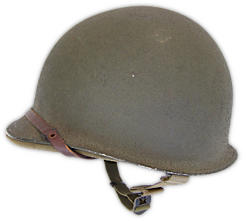 Complete M‐1 steel helmet adopted in June 1941.  This helmet assembly consisted of a pot‐shaped steel shell and a separate liner that fit snuggly inside.  The suspension system was built into the liner which supported both units on the head.  Development of the M‐1 was undertaken in order to improve protection around the sides and back of the head compared to the saucer shaped M‐1917‐A1 helmet.  Doctrine was established allowing the liner assembly to be worn alone for light field use and the steel shell added for combat or simulated combat situations.  Use of the M‐1 liner allowed several other types of headgear to be eliminated including the cotton field hat, tropical fiber helmet, and olive‐drab service hat.