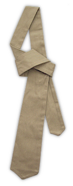 Enlisted men's washable khaki cotton necktie (specification QMC 6‐282, 22 August 1939).  This necktie was developed specifically for the khaki cotton uniform and was to be worn tucked between the second and third buttons of the shirt.  It was reversible, 43‐inches long, made of 8.2‐ounce cotton twill, and had fully stitched triangular tips.