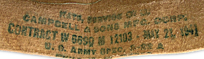 Contractor's label for the olive‐drab service hat shown to the left.  Labels were printed in ink on the reverse side of the leather sweat band.  This particular hat was made by Campbell & Sons of Yonkers, New York. Contract 12103 was issued on 21 May 1941 for $67,000.00. The contract was  completed in October 1941.