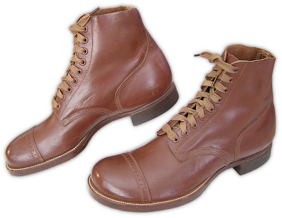 US Army Type I service shoes (specification QMC 9‐6F, 19 November 1941).  Type I service shoes were constructed in a blucher pattern, had unlined cowhide uppers, and leather outsoles with rubber heels. The soles were attached using the Goodyear welt method.  Three variations of service shoes were available in 1941‐42: one with leather outsoles and rubber heels, a second with composition leather and rubber outsoles and rubber heels, and a third special requisition hobnailed variant with fully stacked leather outsoles and heels used for wet and slippery terrain.