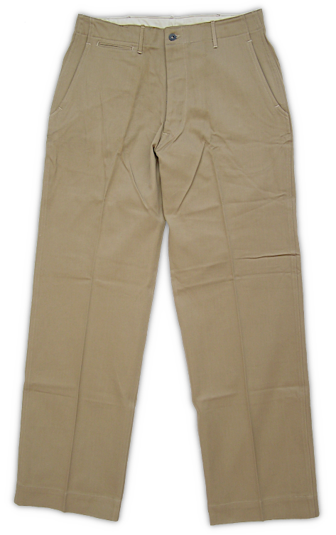 Front view of the enlisted men's 8.2‐ounce khaki cotton trousers (specification QMC 6‐254, 8 November 1937).  Trousers began replacing breeches in 1937 with a gradual phase in process that began with the Air Force.  On 1 February 1939 trousers became a standard issue item for all enlisted men.  Khaki cotton trousers featured double stitched seams, an integral waistband with seven belt loops, and rear waist darts.  There were two front pockets with canted openings, two rear slit pockets, and a watch pocket on the right, front below the waistband.  All pockets were internally hung.