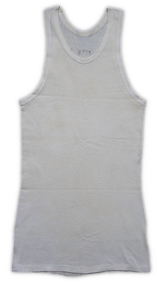 White sleeveless cotton undershirt (specification QMC 6‐233A, 1 September 1936). This was the standard Army undershirt for summer weather and was worn with matching shorts.  The color of undergarments was changed after the onset of war and by 1943 most were being manufactured in olive‐drab instead of white.