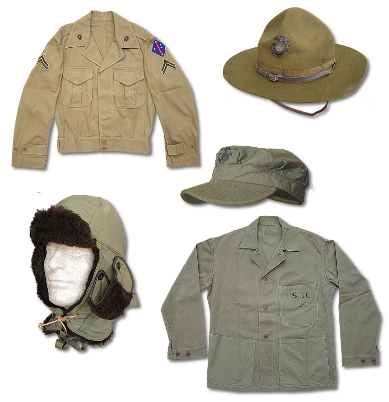 Clockwise beginning with upper left; khaki jacket tailored in China, field hat, utility cap (1944), utility coat (1941), and pile lined storm cap.