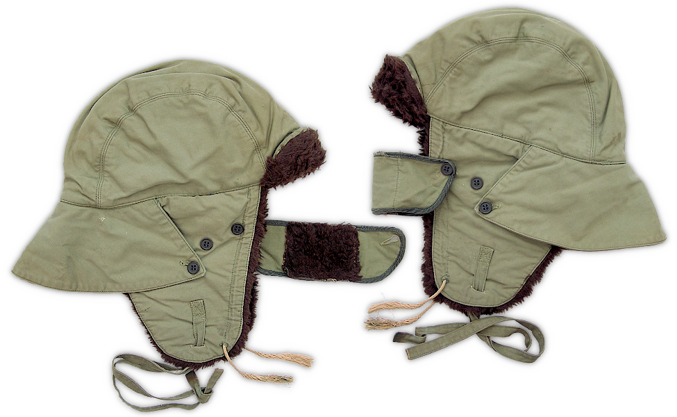 Left and right views of the Type I USMC pile lined storm cap. On the left, the face shield is extended in the open position.  On the right, the face shield is buttoned across the front.