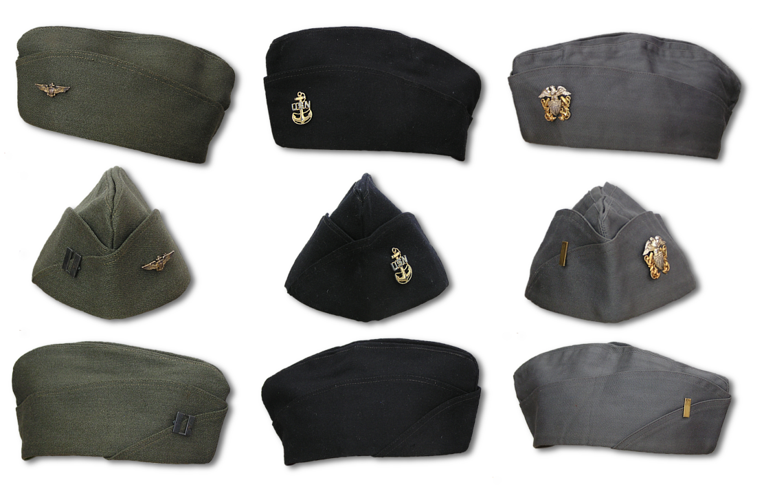 Side and front views of aviation pilot's, chief petty officer's, and commissioned officer's garrison caps.