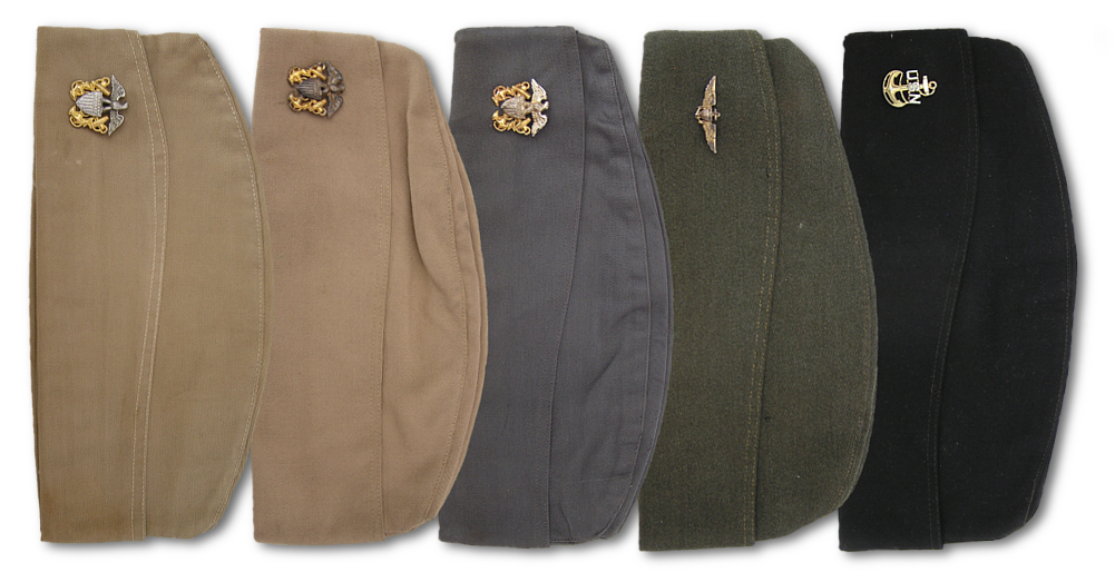 Shown are U.S. Navy garrison caps manufactured in khaki cotton, khaki wool, gray cotton, green wool, and blue wool materials.