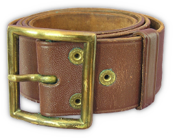 Enlisted man's leather belt worn around the waist of the wool service coat shown below. Made in Army russet shade, the belt was 1¾‐inches in width and was fastened with a brass center bar buckle. Shown here is a new type of belt that appeared in 1939 featuring a removeable buckle held in place by three pressure snaps. Also, for the first time, it had a keeper for the loop. To conserve critical materials, the leather belt was withdrawn as a standard issue item in March 1941. Thereafter, issue was only authorized for specialized purposes. Like the service cap shown to the right, the leather belt was a popular item and continued to be worn by soldiers who purchased commercial variants from retail outlets and post exchanges.