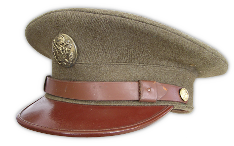 Olive‐drab serge service cap (Specification QMC 8‐5E, 12 December 1934). The service cap featured a leather visor, sweatband, and chinstrap, as well as a wicker frame. A standard component of the enlisted man's wool service uniform at the beginning of 1940, the service cap was gradually replaced by the field cap shown above. Though officially discontinued, service caps continued to be made and sold commercially throughout the war years for soldiers who wore them while on leave.