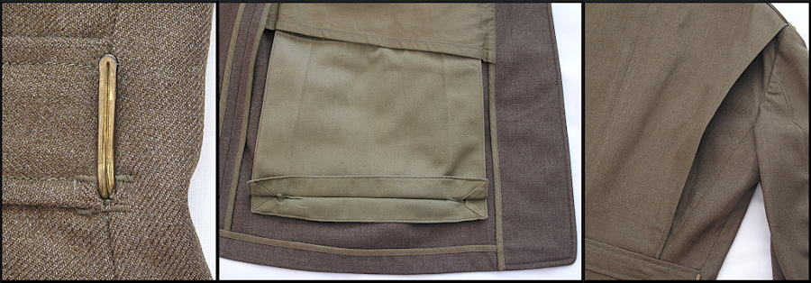 Close‐up views of the distinguishing features of the enlisted man's wool service coat (specification QMC 8‐31D, 7 February 1940). Left to right: One of the brass belt hooks used to support the leather belt, bellows lower pocket meant to increase carrying capacity, and pleated back that allowed the arms to move more freely without the coat riding up on the body. Leather and brass conservation initiatives and the adoption of the field jacket resulted in the removal of all of these features by the summer of 1942 when a revised model of the coat was approved for garrison wear.