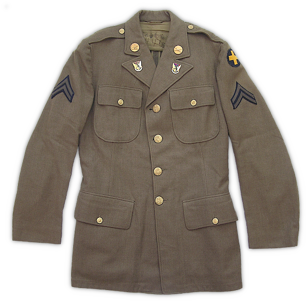 Front view the enlisted man's wool service coat (Specification QMC 8‐31D, 7 February 1940). The service coat was used for both garrison and field wear. In 1939, the coat added a pleated back and expanding lower pockets to make it more useful as a field garment. The outer fabric was 18‐ounce, olive‐drab shade 33, serge wool. After the adoption of a standard issue field jacket in 1941, the service coat was relegated to garrison wear, and in July 1942 the pleated back and expanding lower pockets were eliminated from the design.
