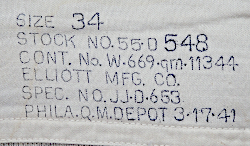 Contractor's label for the wool cotton drawers shown to the right. Elliott Mfg. Co. was located in Manchester, New Hampshire and made millions of dollars in undergarments for the Army during World War 2. Contract 11344 was awarded on 17 March 1941 for $671,000 and completed in March 1942. Contractor labels were printed on the outside of the rear waistband near the gusset.