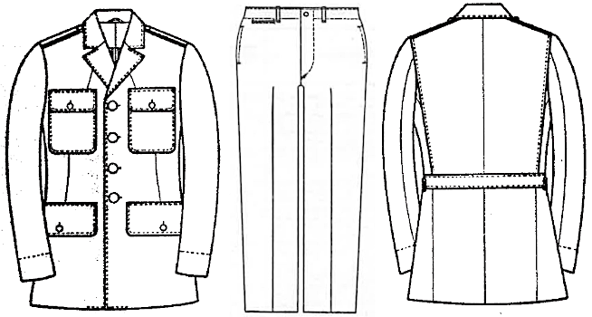 Drawings from US Army specifications depicting the front and back of the enlisted men's wool service coat (specification 8‐31D, 7 February 1940) and the front of the wool trousers (specification 8‐83B, 9 November 1937). Specification 8‐31D was procured through May 1942 and 8‐83B through January 1943.