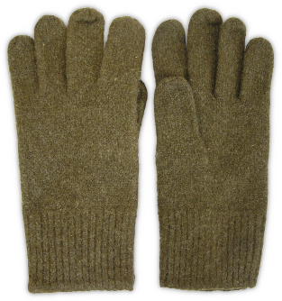 Olive‐drab woolen gloves (Specification QMC 8‐60A, 25 March 1937). Made of olive‐drab knitted yarn, these gloves were used in cold weather and were worn with both the garrison and field uniforms. Eventually, a leather palm was added for durability. A shortage of looms needed to produce woolen gloves in sufficient numbers to meet demand resulted in the knit type being replaced in 1942 by a cut and sewn pattern with leather palms.