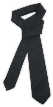 Black wool necktie (Necktie, Black, Wool, M‐1940; specification QMC 8‐119, 31 January 1941). This necktie superseded the black silk necktie of 1936. It was 45 inches long, made of challis, fully lined, folded into triangular ends, and was tied with a four‐in‐hand knot. When the service coat was not worn, the necktie was to be tucked into the shirt between the 2nd and 3rd buttons.