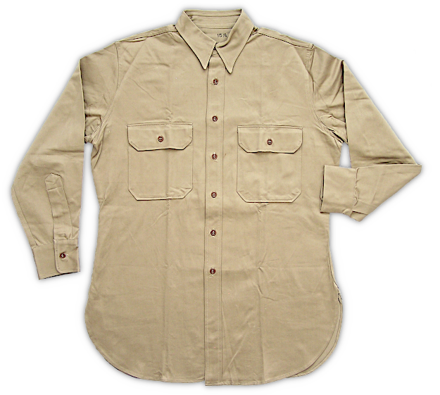 Front view of the enlisted men's 8.2‐ounce khaki cotton shirt (specification QMC 6‐241, 29 November 1938). This was the standard issue shirt worn with the cotton summer uniform. It shared similar design characteristics with the olive‐drab worsted and flannel shirts shown above. By 1941, the cotton shirt replaced the olive‐drab worsted shirt for wear with the wool uniform when the flannel shirt was not appropriate.