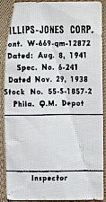 Contractor's label for the khaki cotton shirt shown to the left. Labels were located on the inside of the right rear shirt tail. Phillips‐Jones Corp. of Barnesboro Pennsylvania was a primary shirt contractor for the Army throughout World War 2. Contract 12872 was awarded on 8 August 1941 for $252,000 and completed in February 1942.