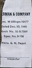 Contractor's label for the flannel shirt shown to the left. Labels were located on the inside of the right rear shirt tail. Contract 10477 was issued to Oberman & Company on 30 December 1940. Oberman & Company had multiple factories in Missouri and one in Mississippi where millions of trousers, shirts, and jackets were manufactured for the Army and Navy during the World War 2 Period. Note that the stock number for the flannel shirt differs from the number for the worsted shirt shown on the label to the far left.