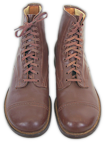 Garrison Shoes (specification QMC 9‐35A, 1933). Though similar looking to standard high‐top service shoes, garrison shoes were lined with cotton and built for comfort instead of marching. They were made with calfskin uppers making them much softer and easier to break in. Tan low-quarter shoes, a restricted issue item for much of the war, began to replace garrison shoes in 1941.