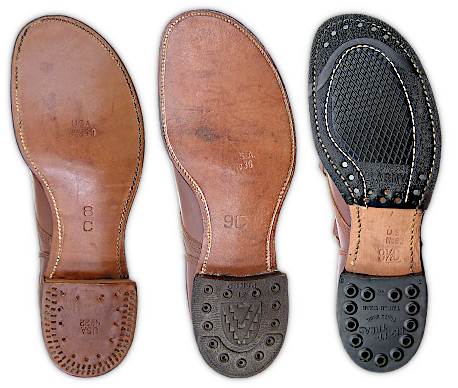 Evolution of service shoe soles 1934‐42. Left to right are specifications 9‐6E with leather sole and stacked leather heel, 9‐6F Type I with leather soles and rubber heel, and 9‐6F Type II with rubber tap and heel. Beginning in 1943, a full rubber outsole and rubber heel would be adopted.