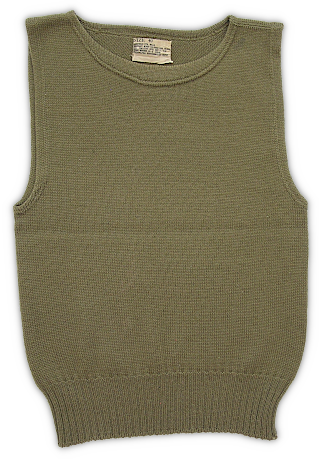 A vest‐style, medium weight, sleeveless sweater used to provide extra warmth underneath the wool service coat or field jacket (Sweaters, Sleeveless; Specification dated 11 October 1940). Made of olive‐drab worsted wool, the sleeveless sweater had a seamless body, integral waistband, and was sewn together at the shoulders. The collar and arm openings were formed using a hem and reinforced with heavy stitching. World War 2 era sweaters could be knitted using either a shaker or rib pattern.